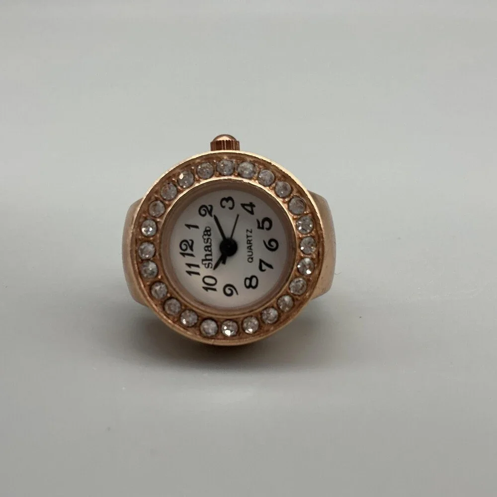 Shasa Ring Watch Women 21mm Rose Gold Tone Crystals Stretch Band New Battery